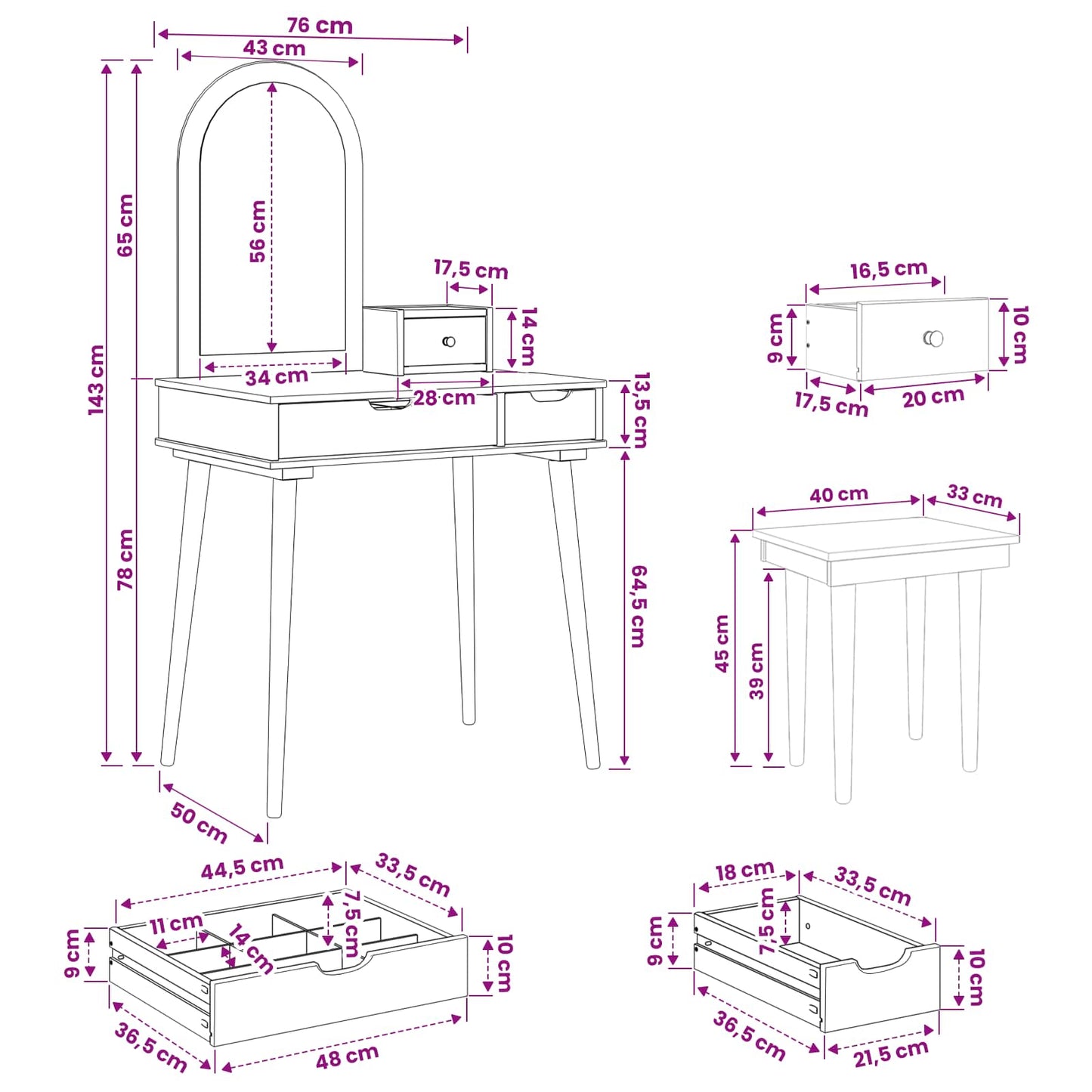Sminkasztal Készlet FAUSKE 4 pcs Fehér 76 x 50 x 143 cm