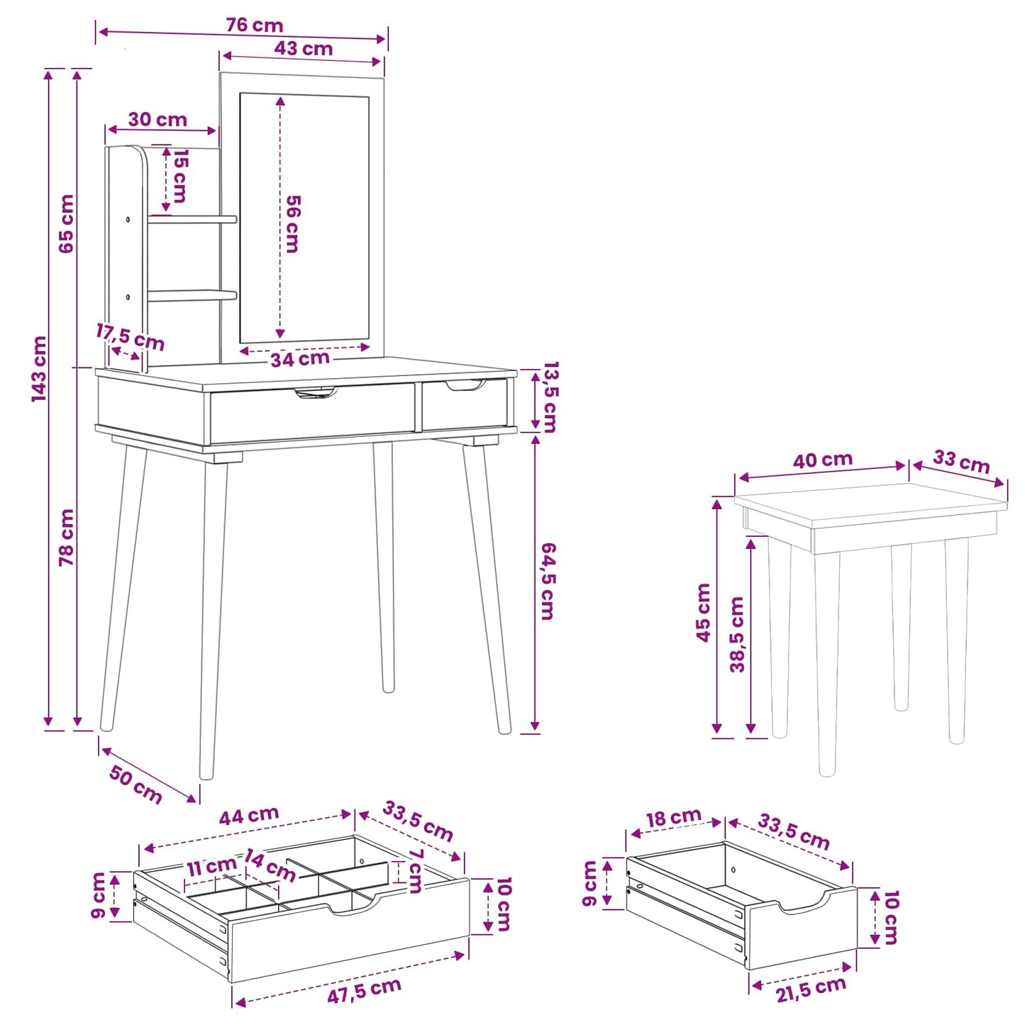 Sminkasztal Készlet FAUSKE 4 pcs Fehér 76 x 50 x 143 cm