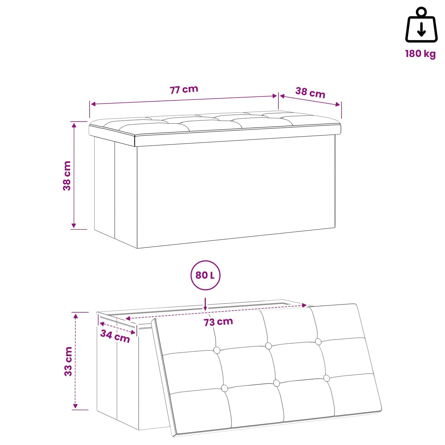Összecsukható tárolópad Fehér 180 kg 80 L 77 x 38 x 38 cm