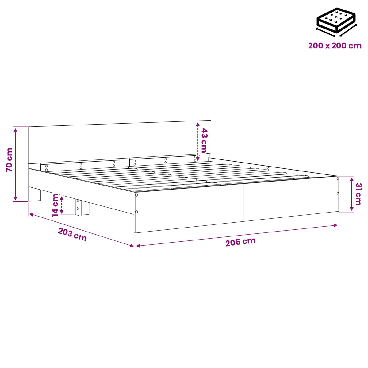 Ágykeret támlával Kézműves Tölgy 200 x 200 cm Szerelt fa
