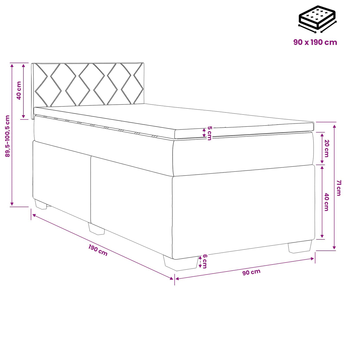 Boxspring ágy matraccal Sötét kék 90 x 190 cm Bársony