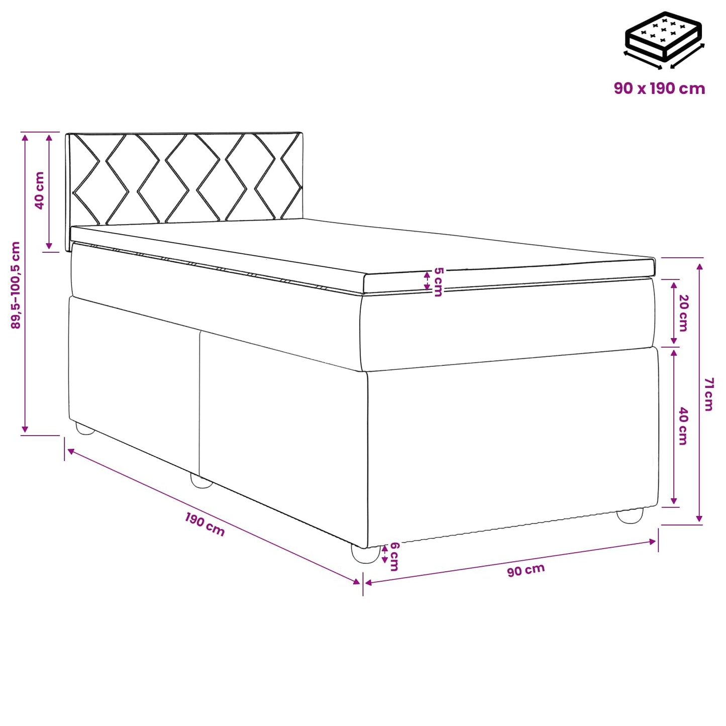 Boxspring ágy matraccal Sötét kék 90 x 190 cm Bársony