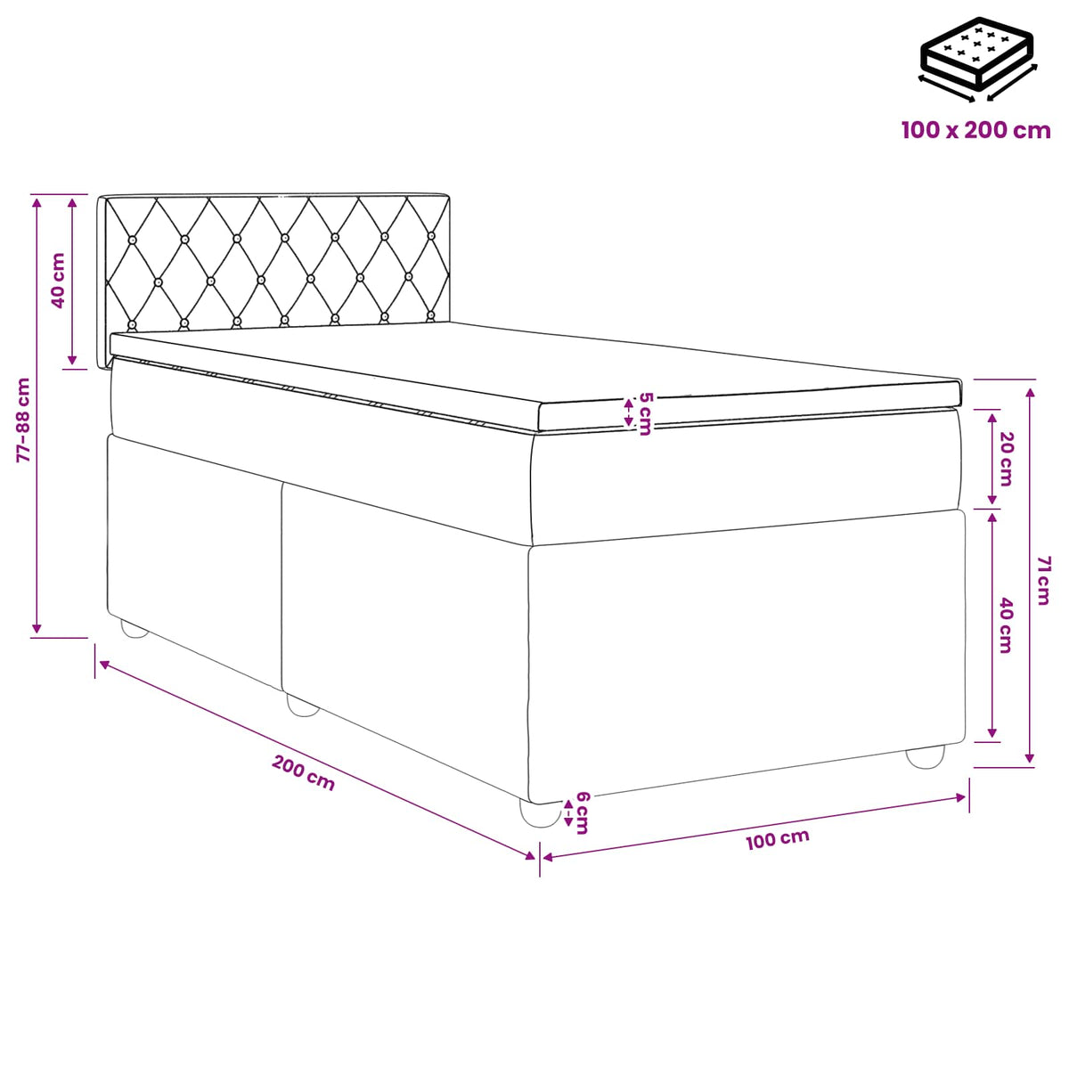 Boxspring ágy matraccal Világosszürke 100 x 200 cm Bársony