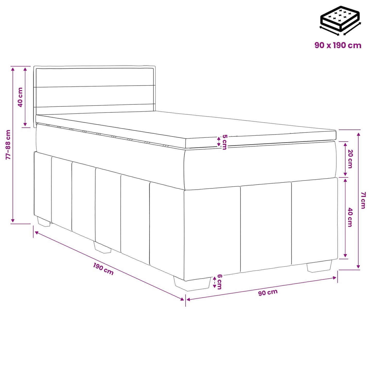 Boxspring ágy matraccal fejtámlával Fekete 90 x 190 cm Szövet