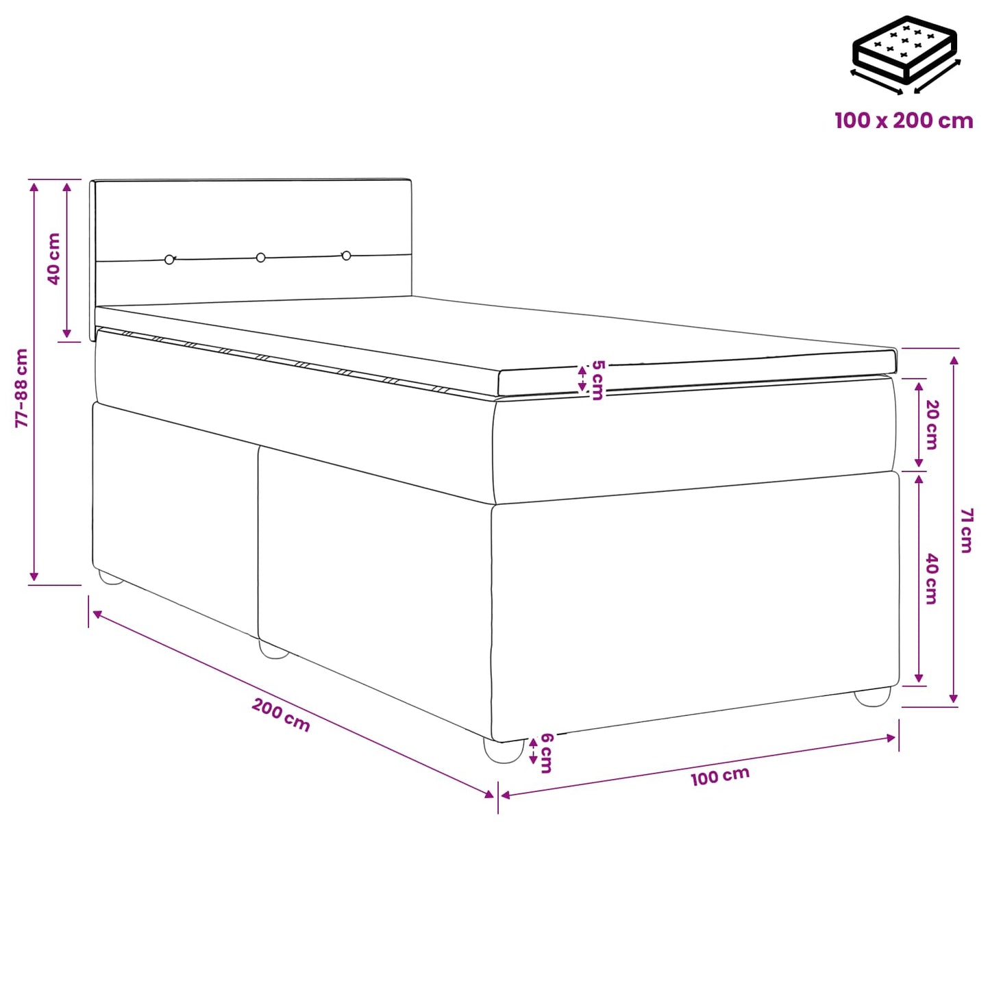 Boxspring ágy matraccal fejtámlával Fekete 100 x 200 cm Szövet