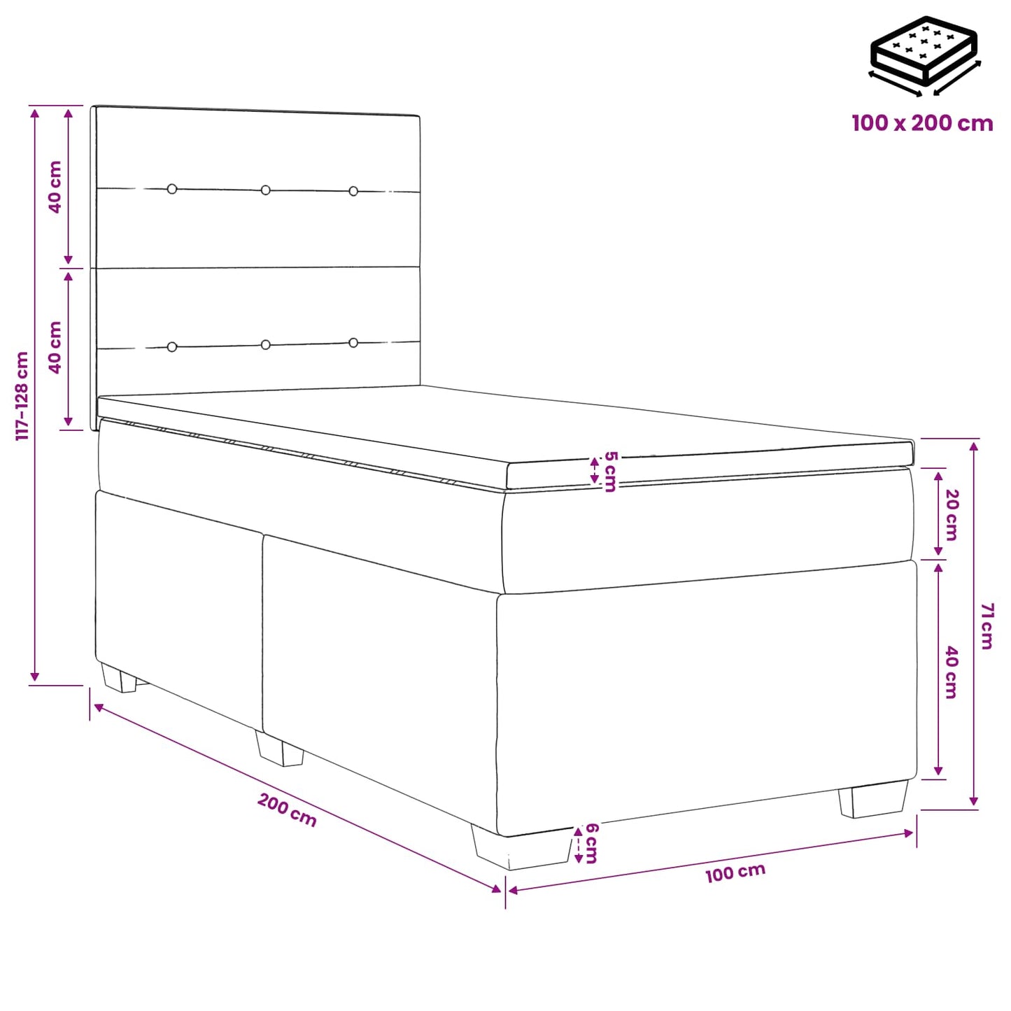 Boxspring ágy matraccal fejtámlával Fekete 100 x 200 cm Szövet