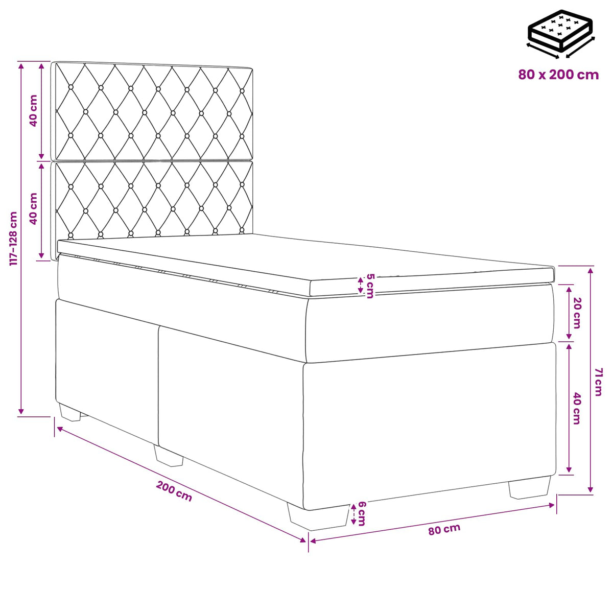 Boxspring ágy matraccal Világosszürke 80 x 200 cm Bársony