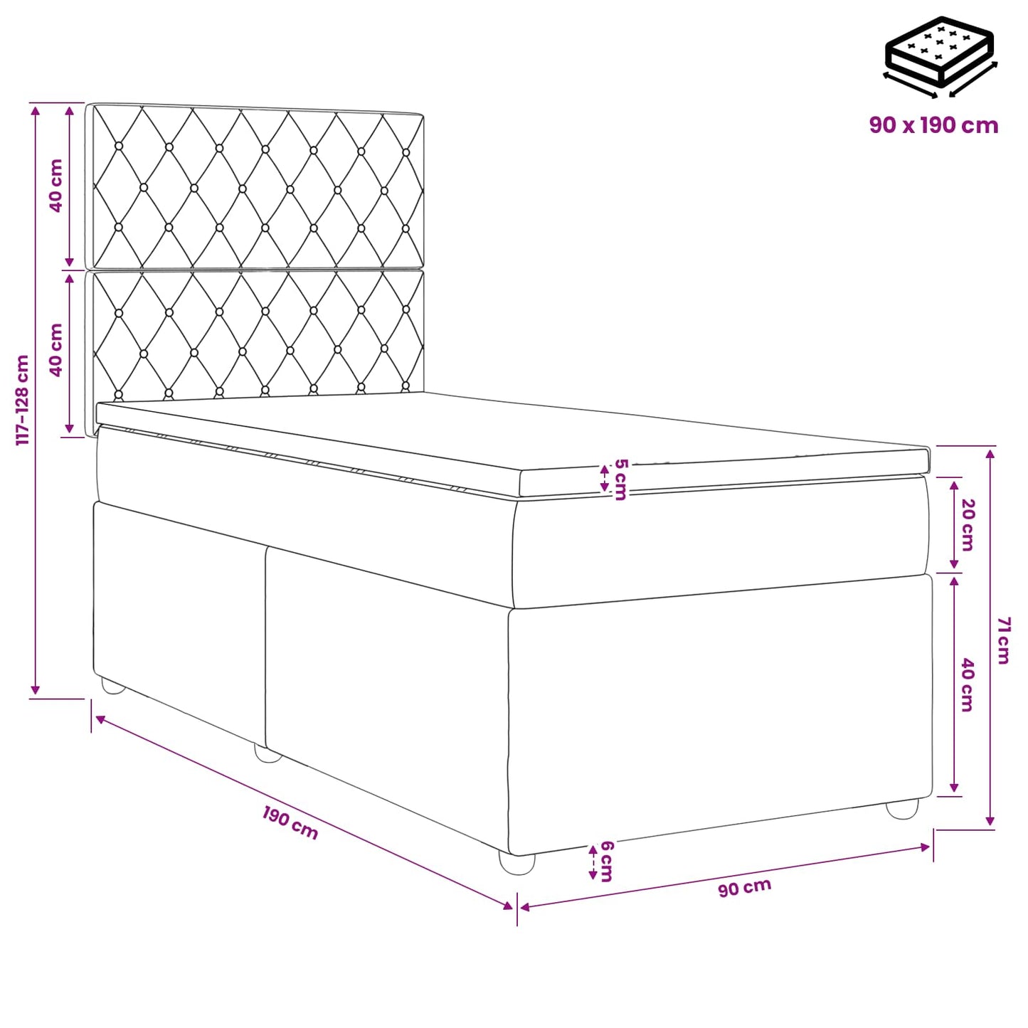 Boxspring ágy matraccal fejtámlával Fekete 90 x 190 cm Bársony