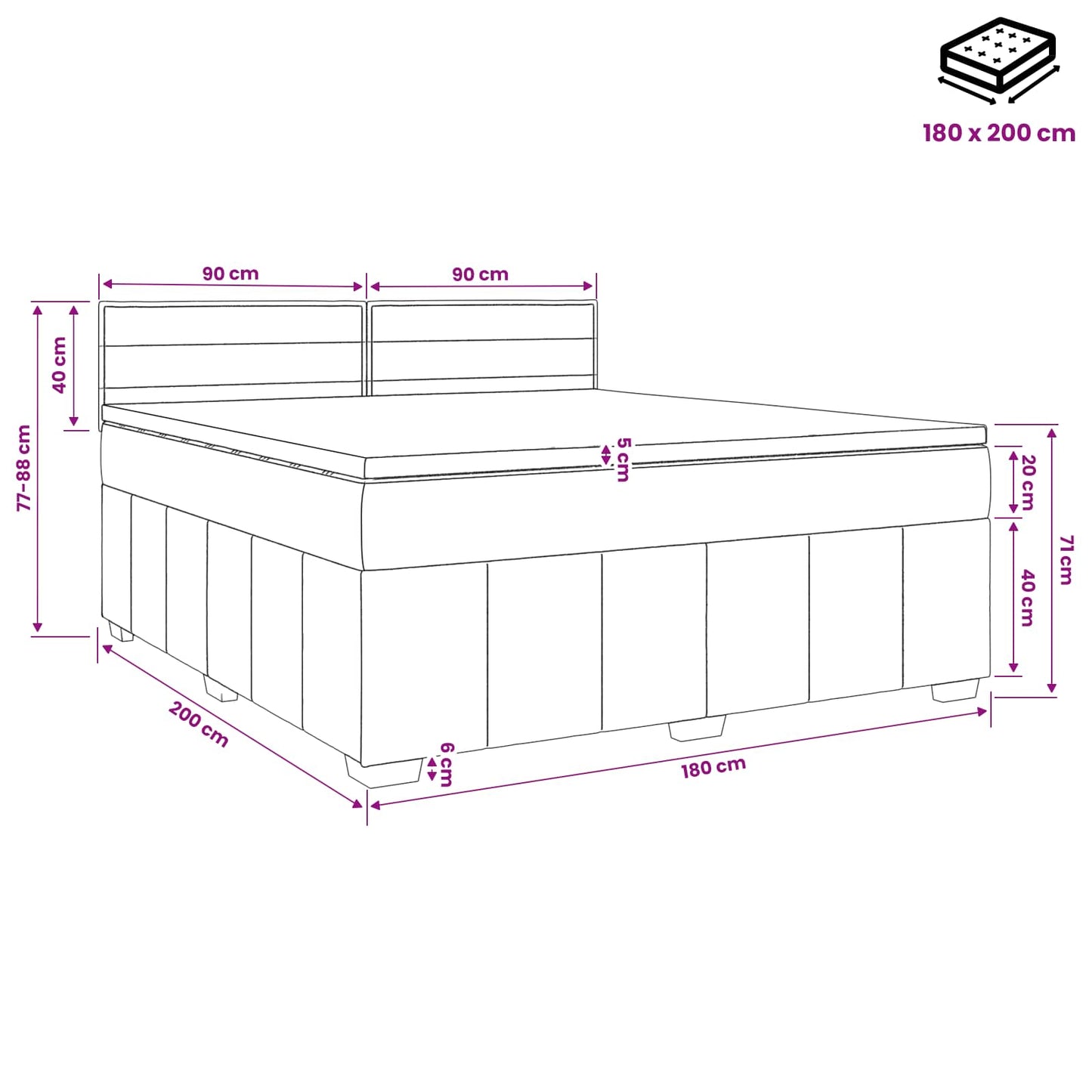 LED Boxspring Ágy Mattal fejtámlával Fekete 180 x 200 cm Szövet