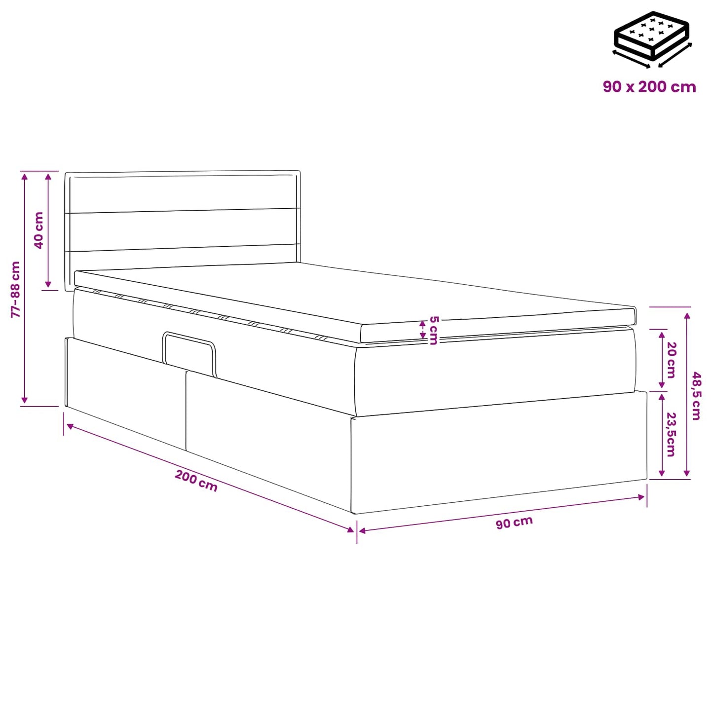 Ágy tárolóval és matraccal fejtámlával Kék 90 x 200 cm Bársony