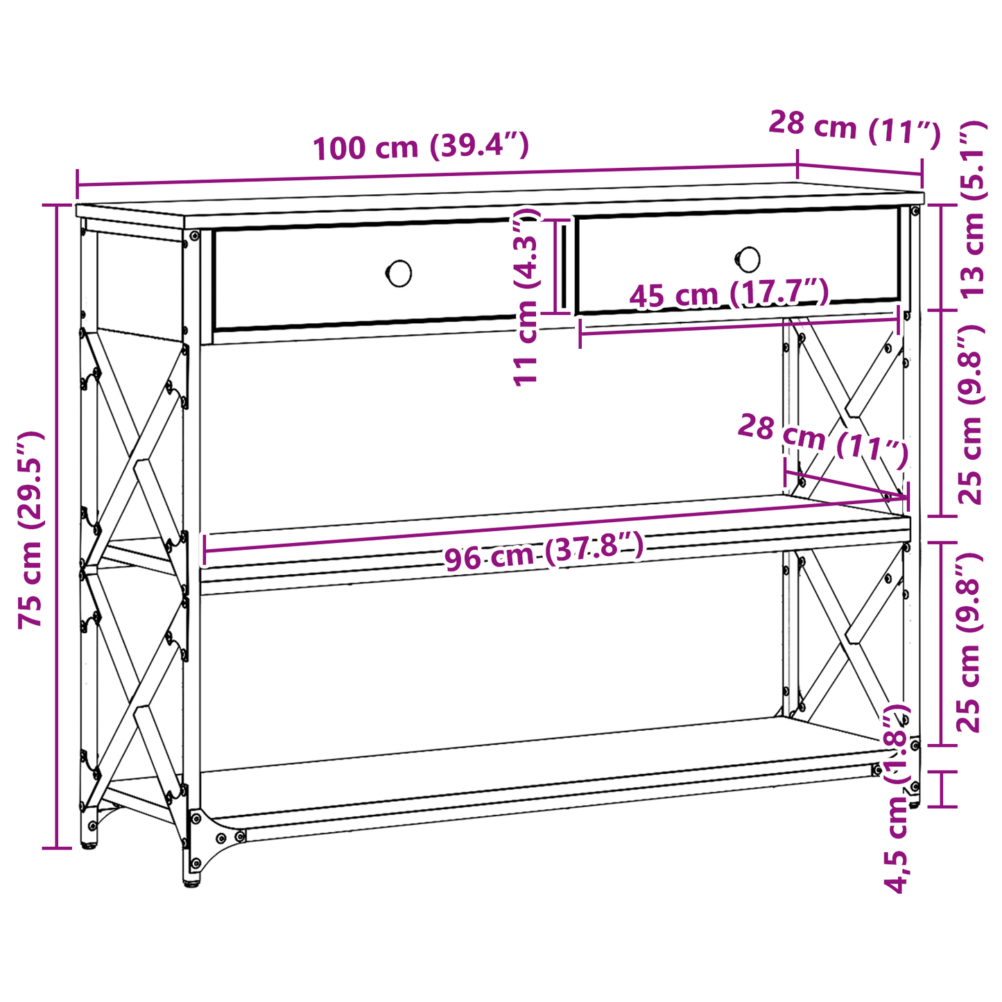 Konzol Asztal Musta tammi 100 x 28 x 75 cm Műgyantás fa és fém