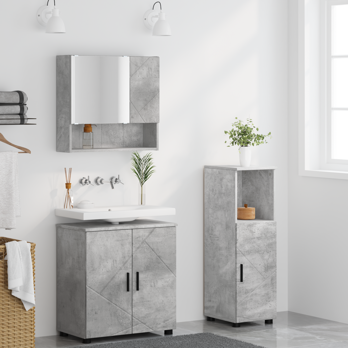 Fürdőszoba bútor szett tárolóval 3 pcs Beton szürke Faanyag
