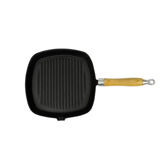 öntöttvas grillserpenyő fa nyéllel 20 x 20 cm