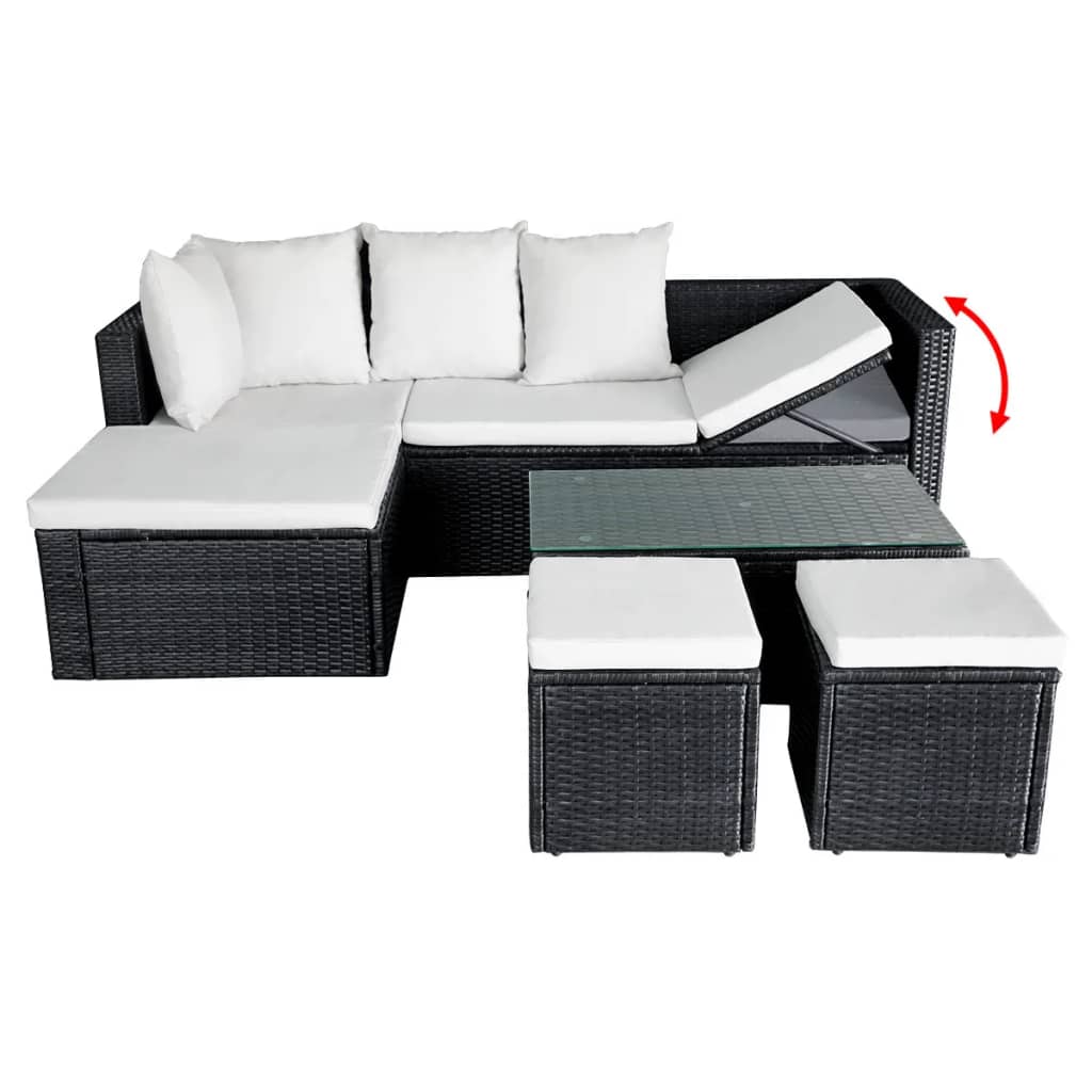 4-részes fekete polyrattan kerti bútorszett párnákkal