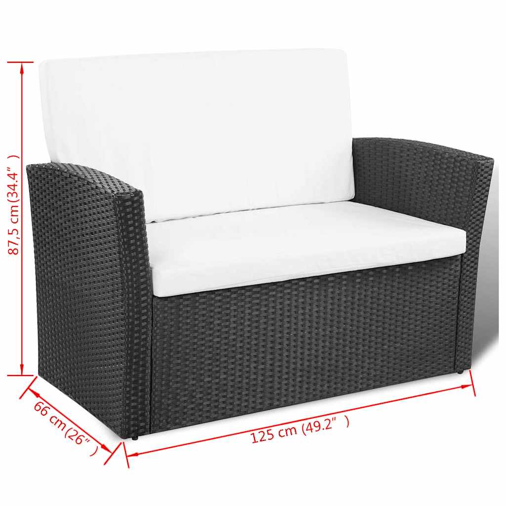 4-részes fekete polyrattan kerti bútorszett párnákkal
