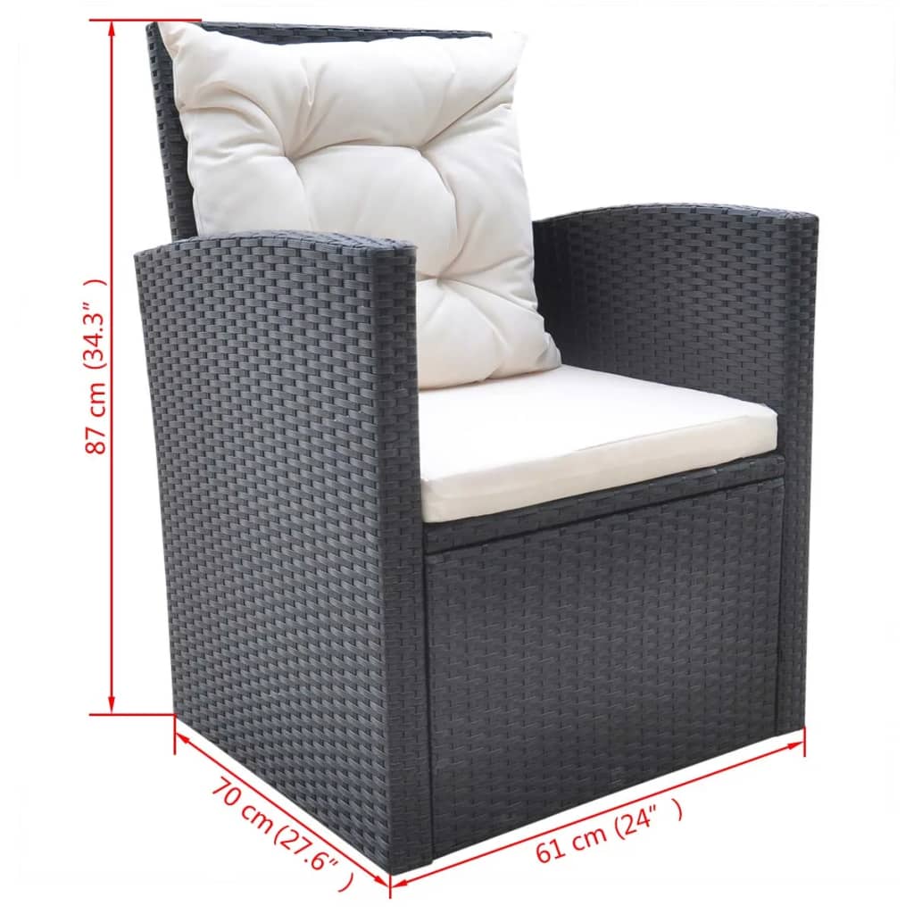 6-részes fekete polyrattan kültéri étkezőszett párnákkal