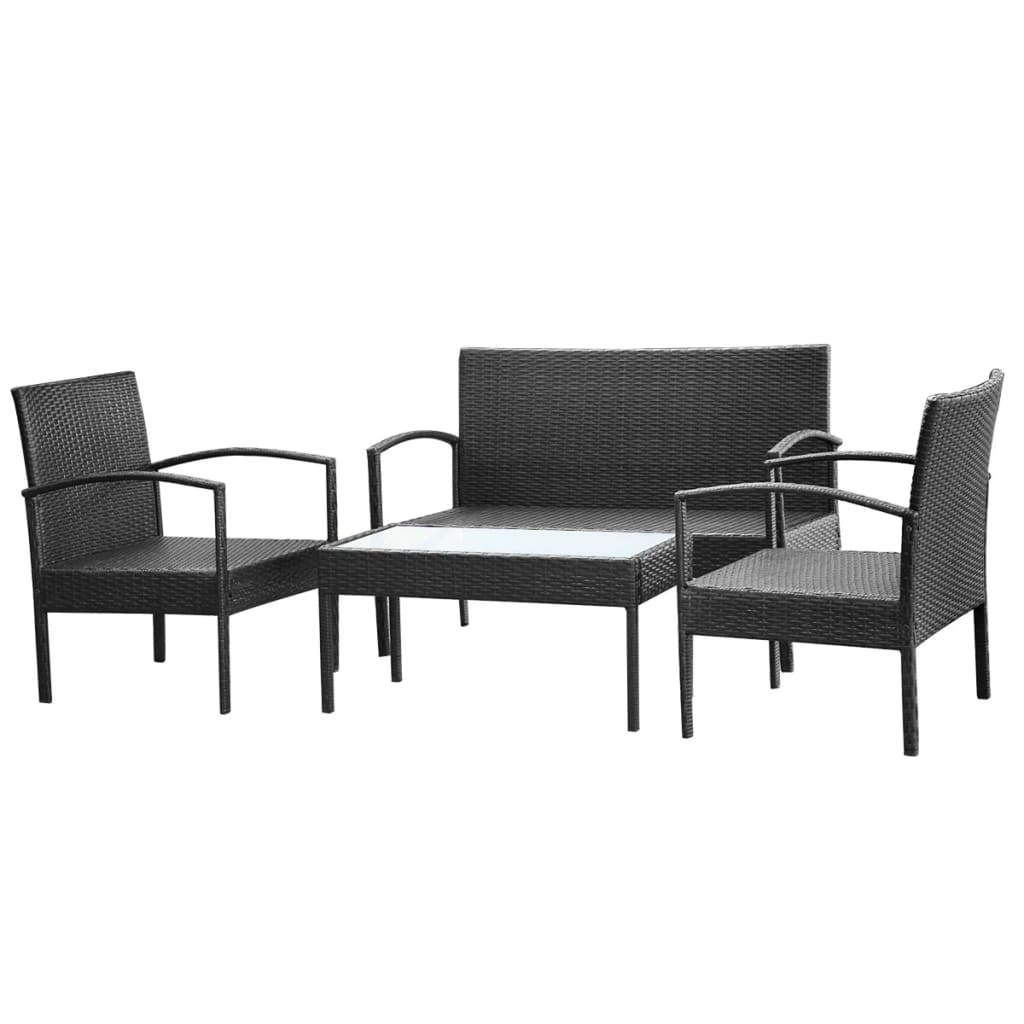 4-részes fekete polyrattan kerti bútorszett párnákkal