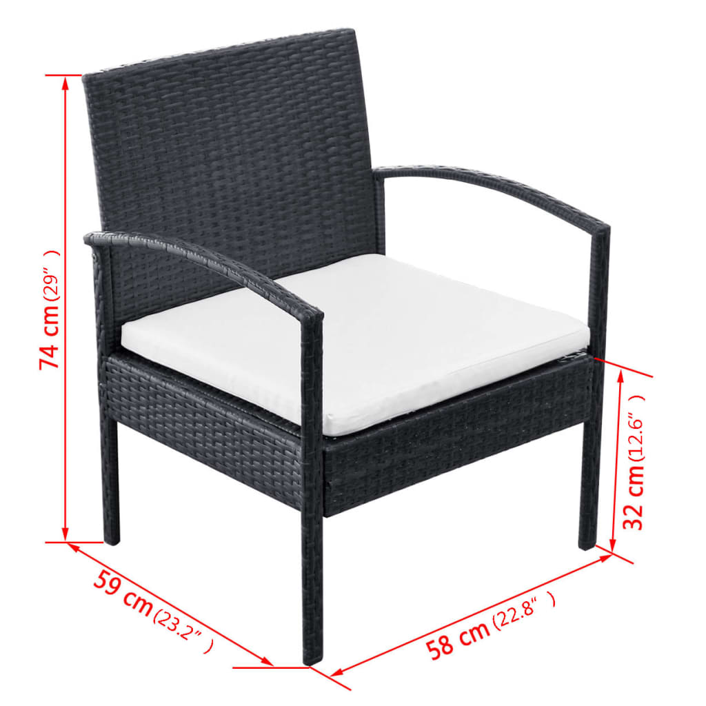 4-részes fekete polyrattan kerti bútorszett párnákkal