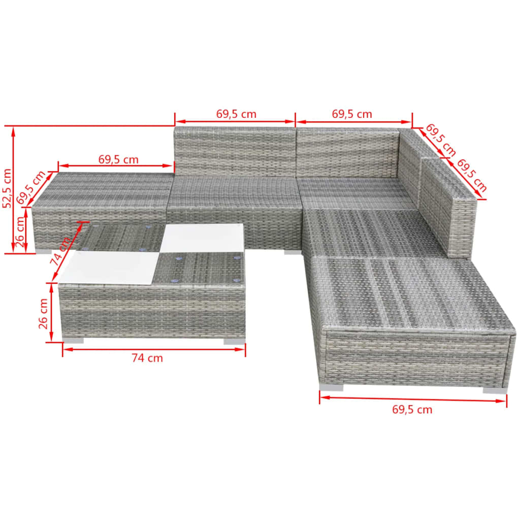 6-részes szürke polyrattan kerti bútorszett párnákkal