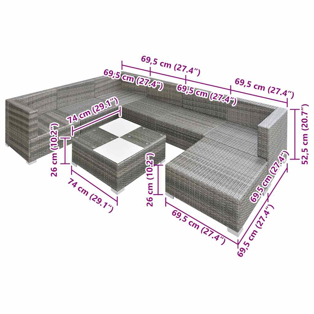 8-részes szürke polyrattan kerti bútorszett párnákkal