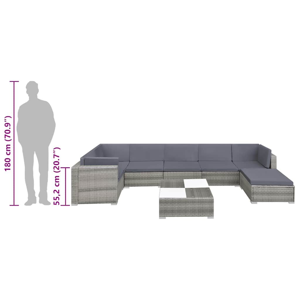 8-részes szürke polyrattan kerti bútorszett párnákkal