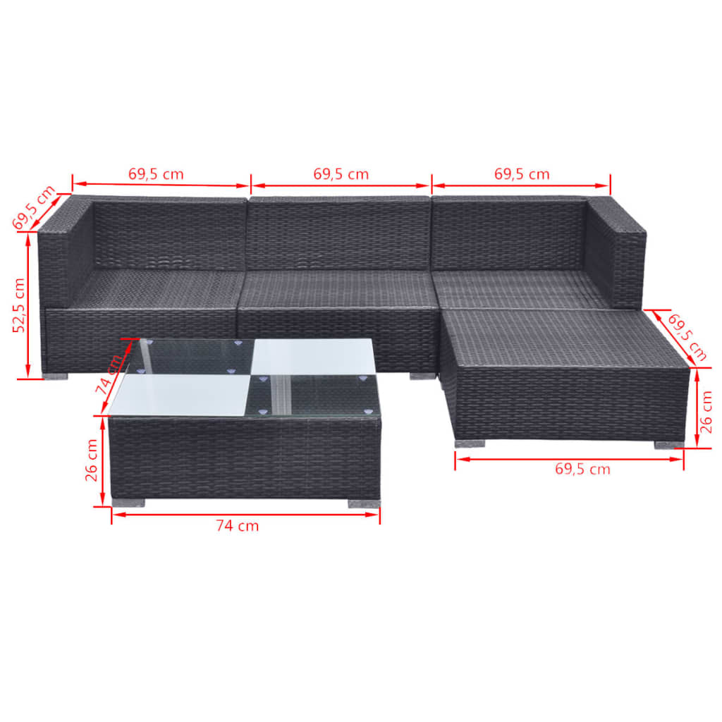 5 részes fekete polyrattan kerti ülőgarnitúra párnákkal