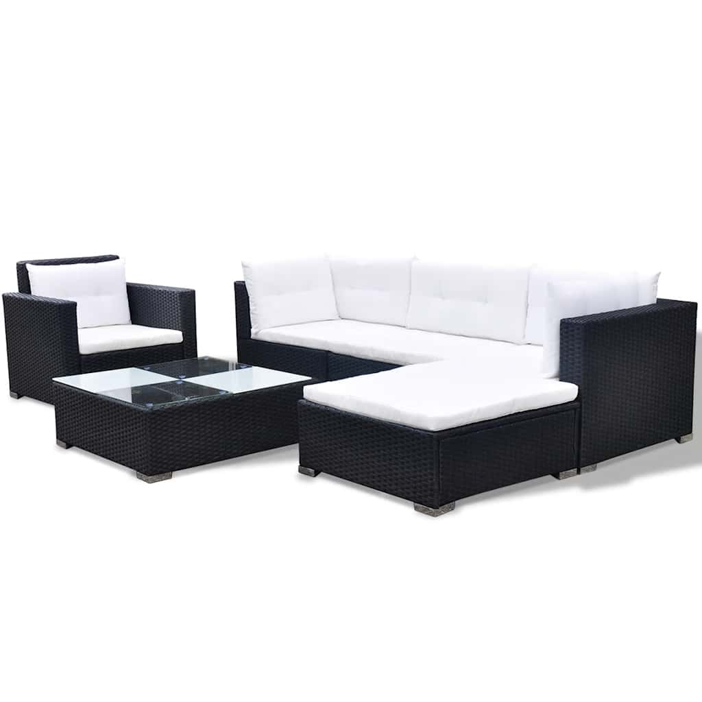 6 részes fekete polyrattan kerti ülőgarnitúra párnákkal