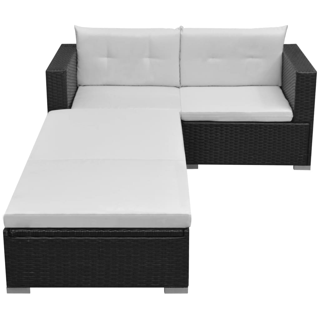 3-részes fekete polyrattan kerti bútorszett párnákkal