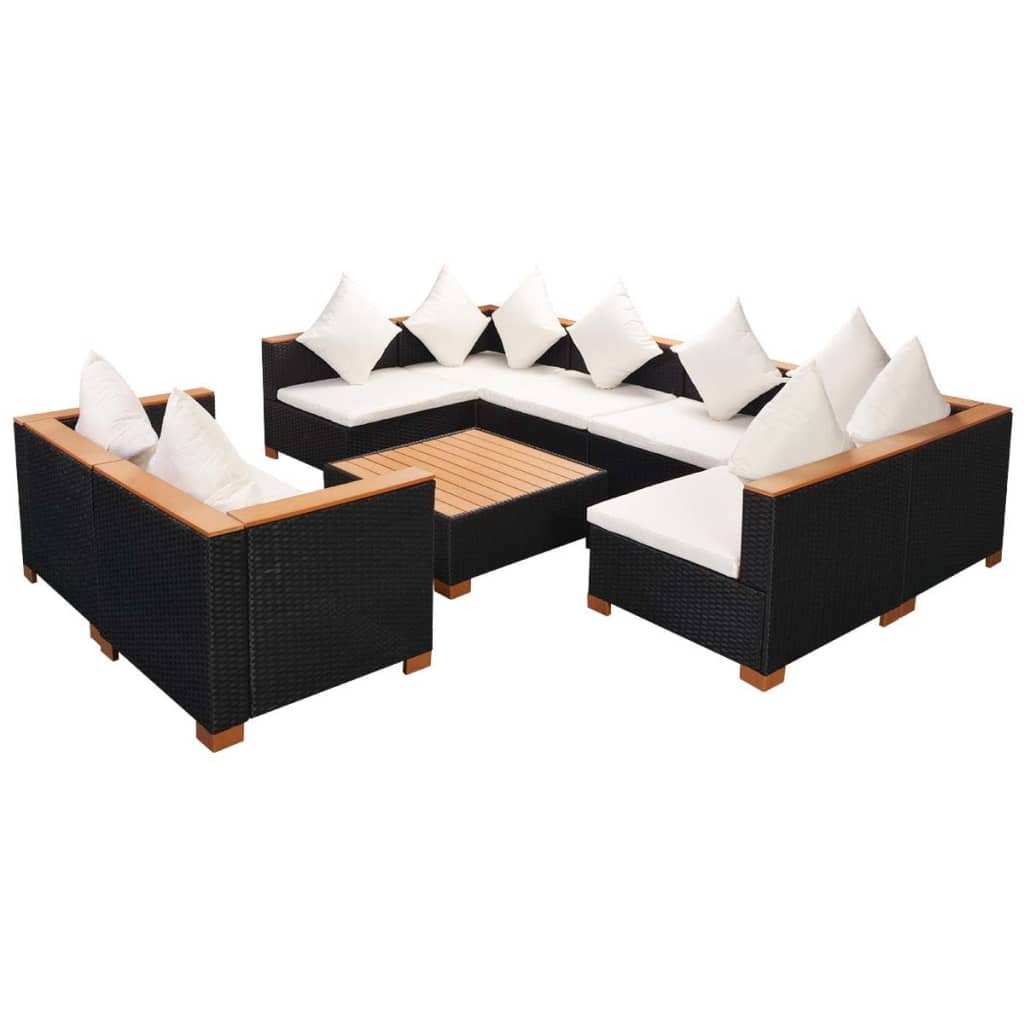 9-részes fekete polyrattan kerti bútorszett párnákkal
