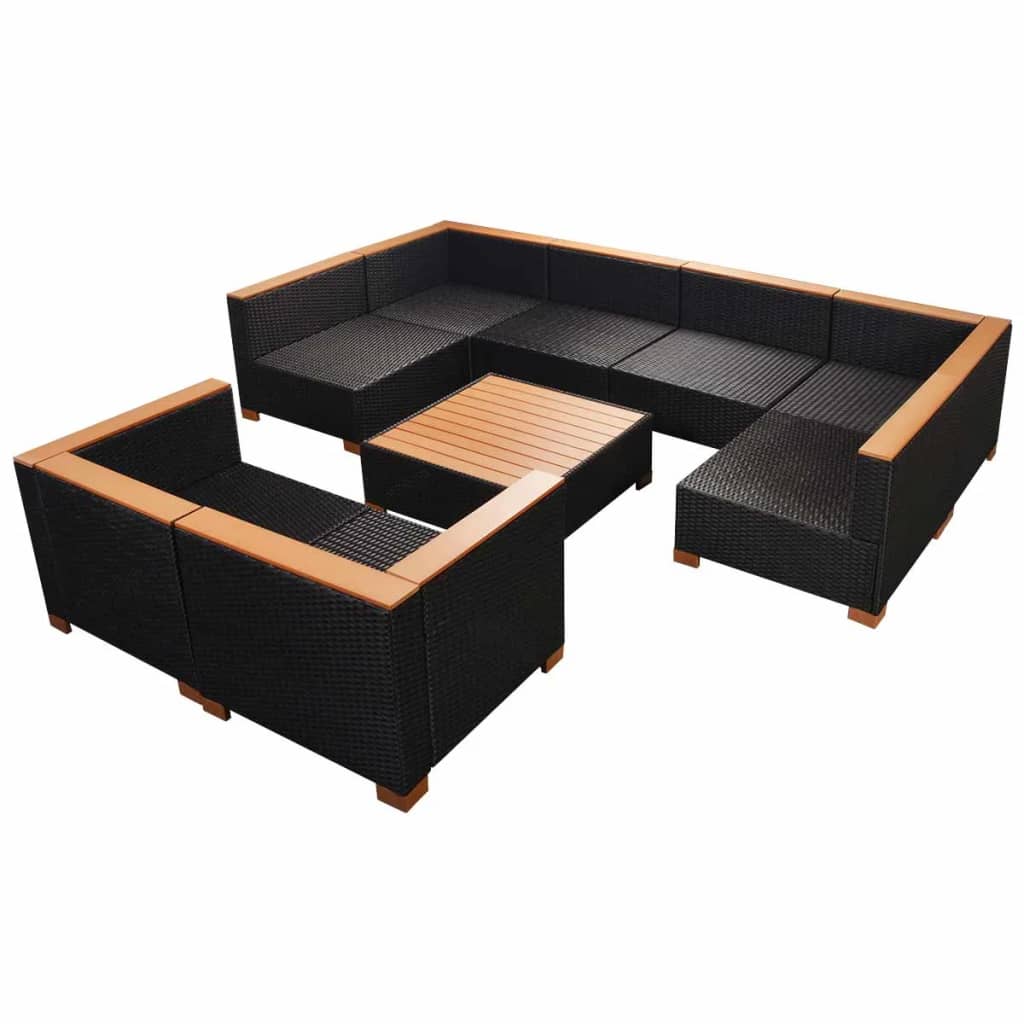 9-részes fekete polyrattan kerti bútorszett párnákkal