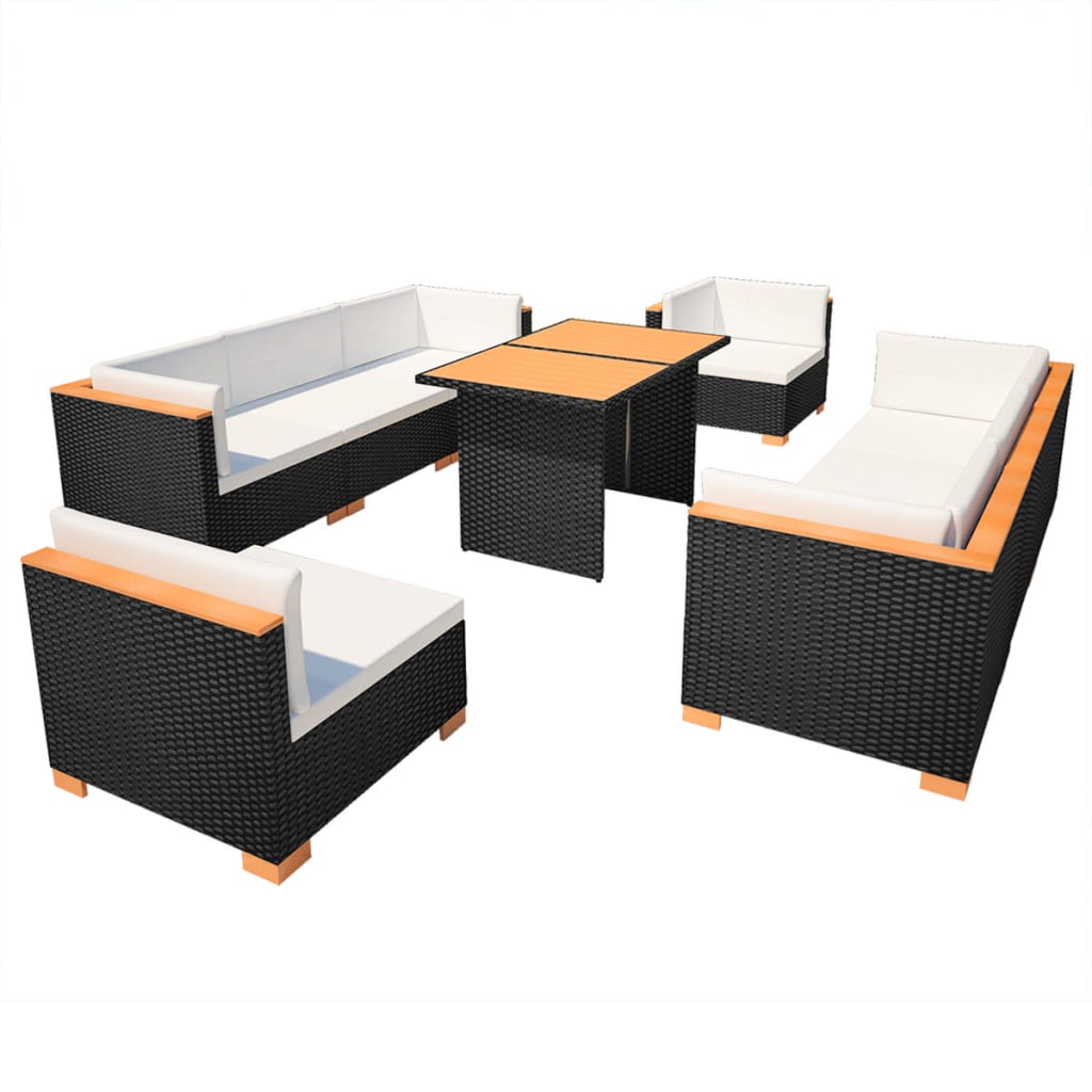 10-részes fekete polyrattan kerti bútorszett párnákkal