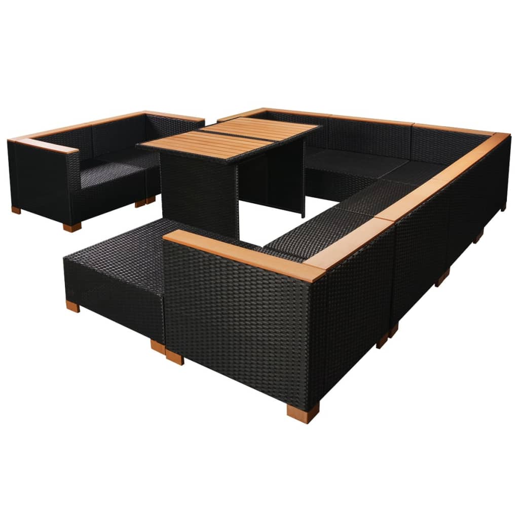 10-részes fekete polyrattan kerti bútorszett párnákkal