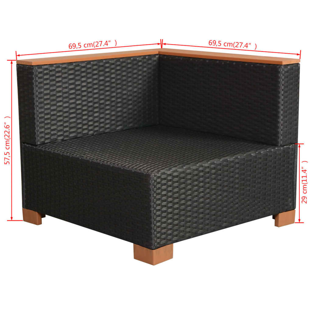 10-részes fekete polyrattan kerti bútorszett párnákkal