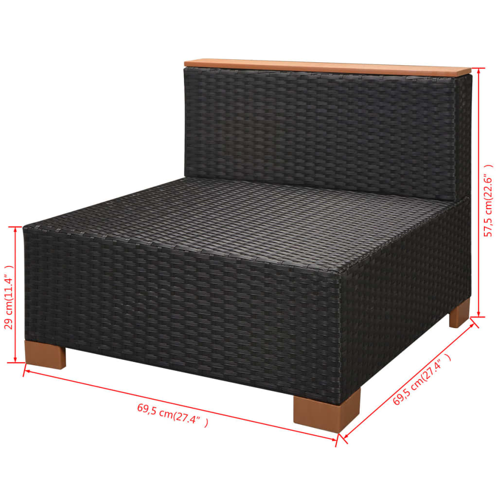 10-részes fekete polyrattan kerti bútorszett párnákkal