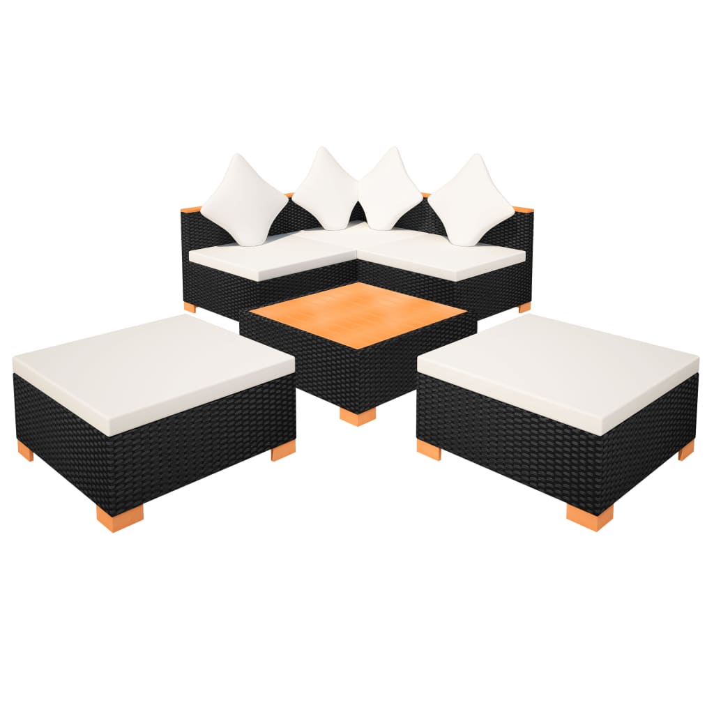 6-részes fekete polyrattan kerti bútorszett párnákkal