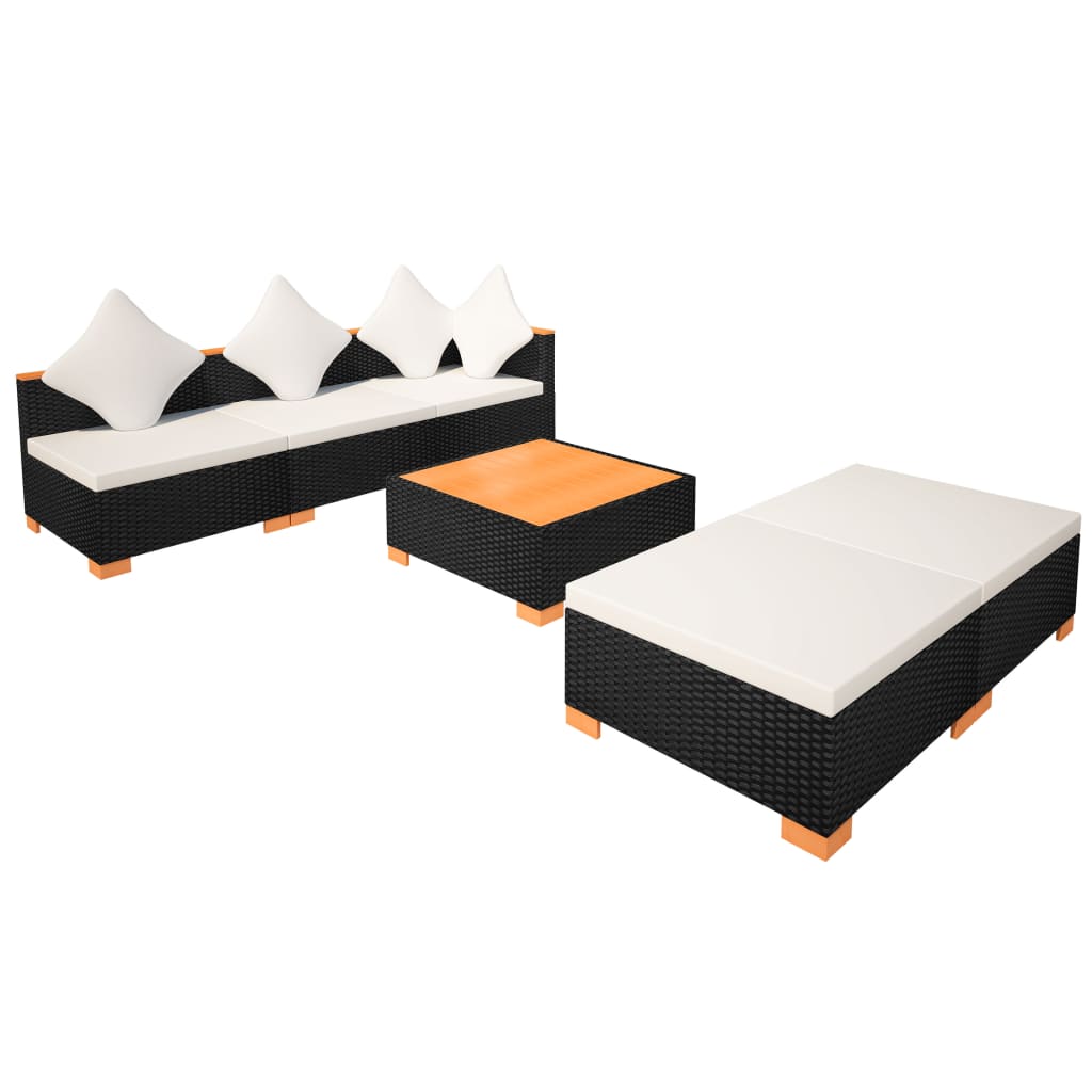 6-részes fekete polyrattan kerti bútorszett párnákkal