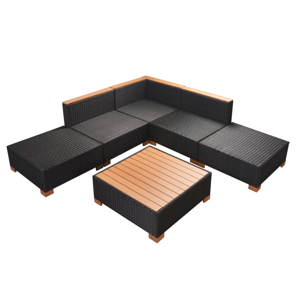 6-részes fekete polyrattan kerti bútorszett párnákkal