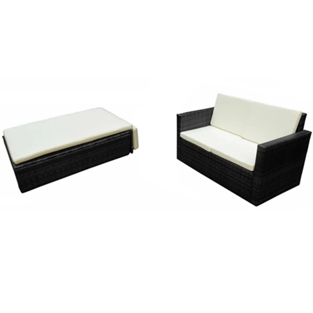 2 részes fekete polyrattan kerti ülőgarnitúra párnákkal