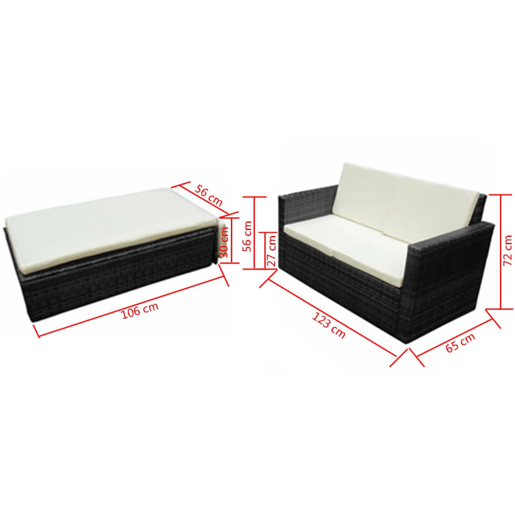 2 részes fekete polyrattan kerti ülőgarnitúra párnákkal