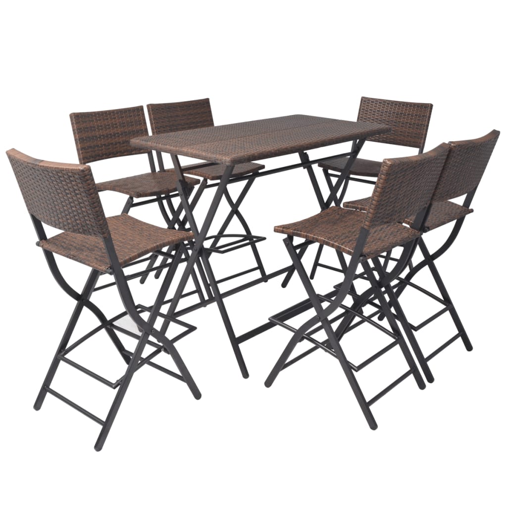 7-részes barna kerti polyrattan/acél összecsukható étkezőszett
