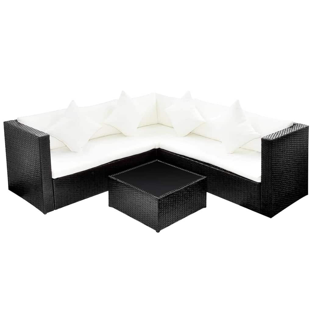 4-részes fekete polyrattan kerti bútorszett párnákkal