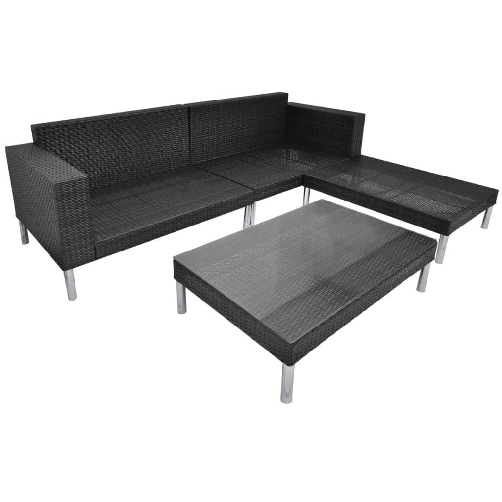 4-részes fekete polyrattan kerti bútorszett párnákkal