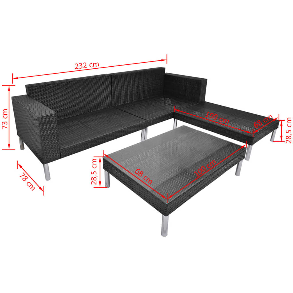 4-részes fekete polyrattan kerti bútorszett párnákkal