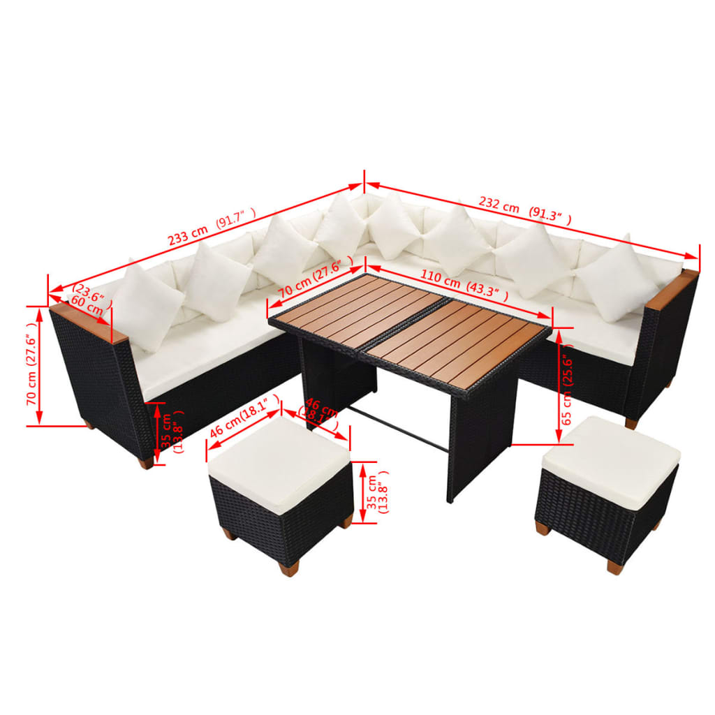 7-részes fekete polyrattan kerti bútorszett párnákkal