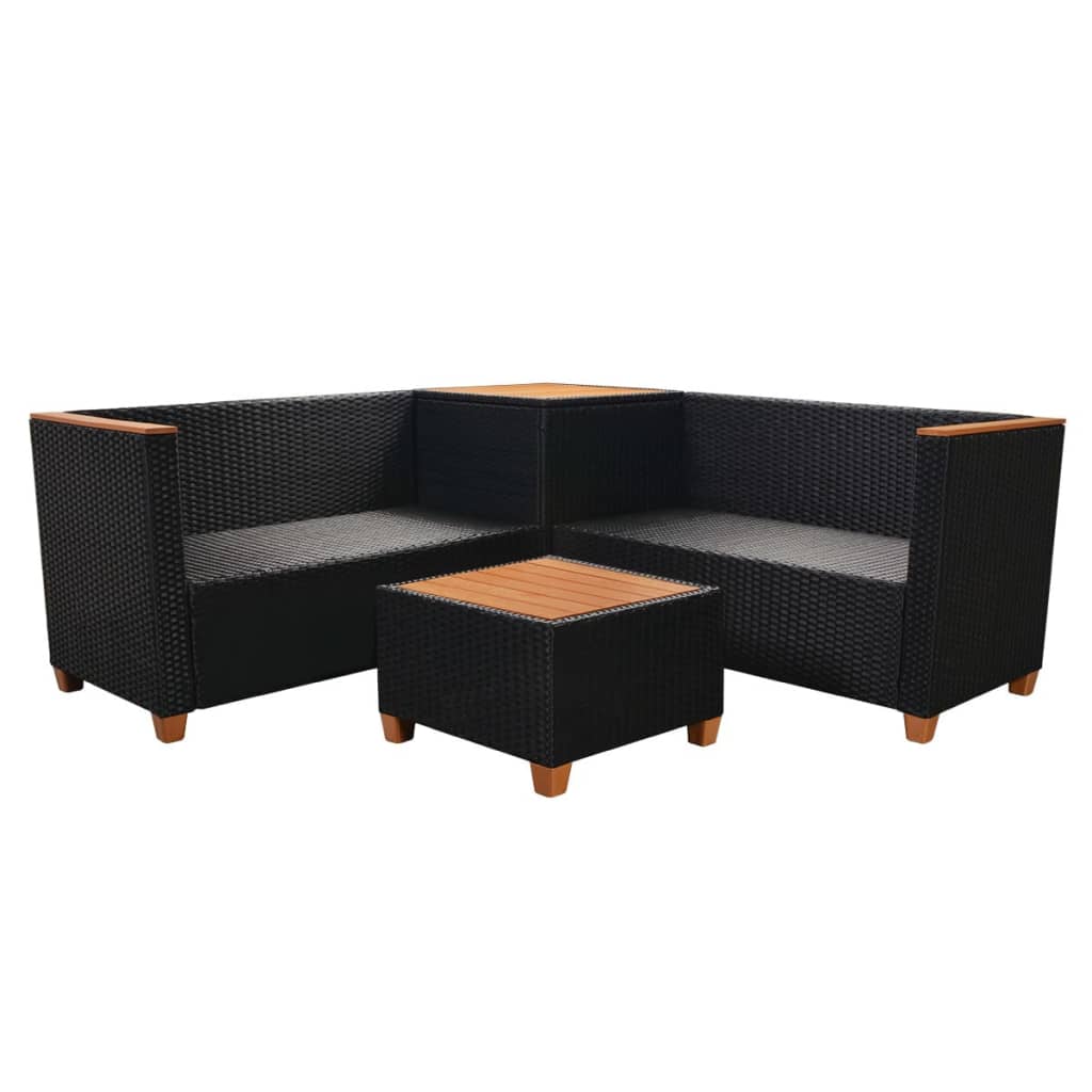 4-részes fekete polyrattan kerti bútorszett párnákkal