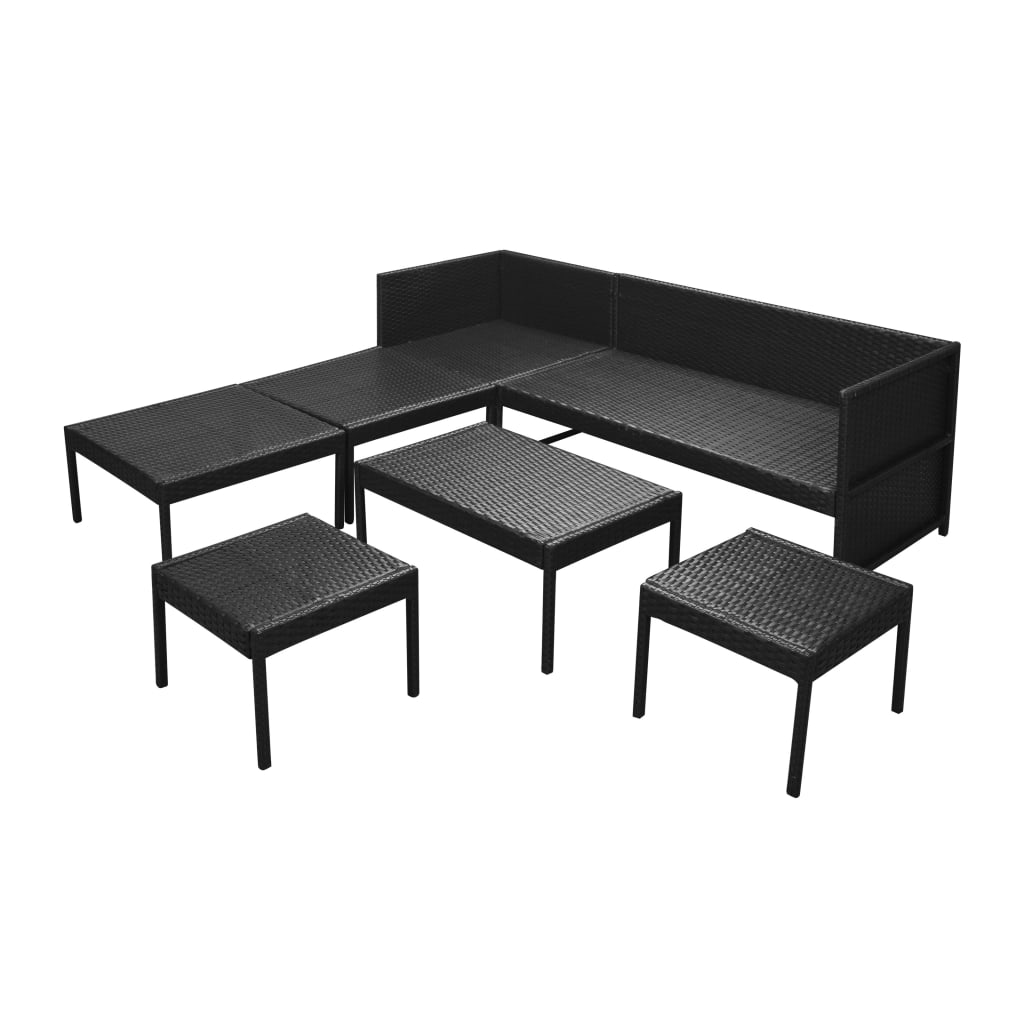 6-részes fekete polyrattan kerti bútorszett párnákkal