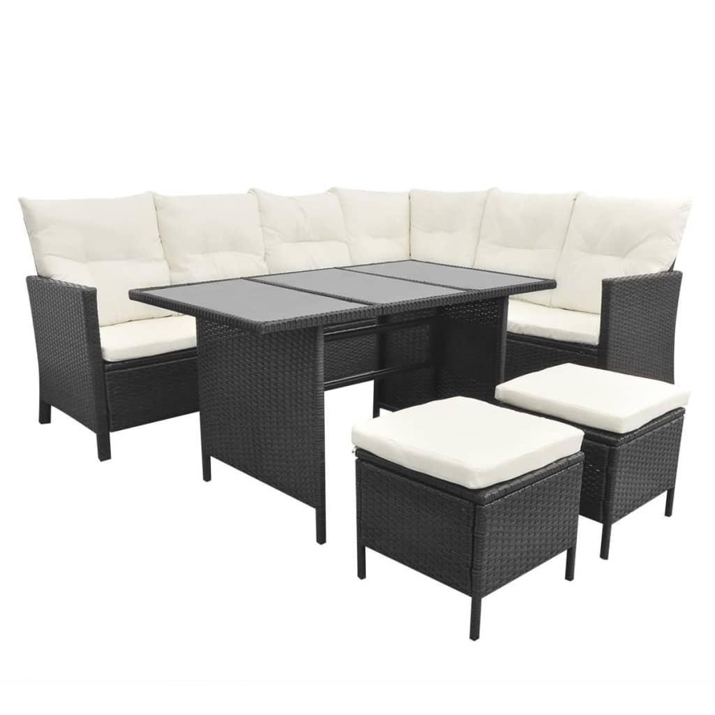 4 részes fekete polyrattan kerti pihenőgarnitúra párnákkal