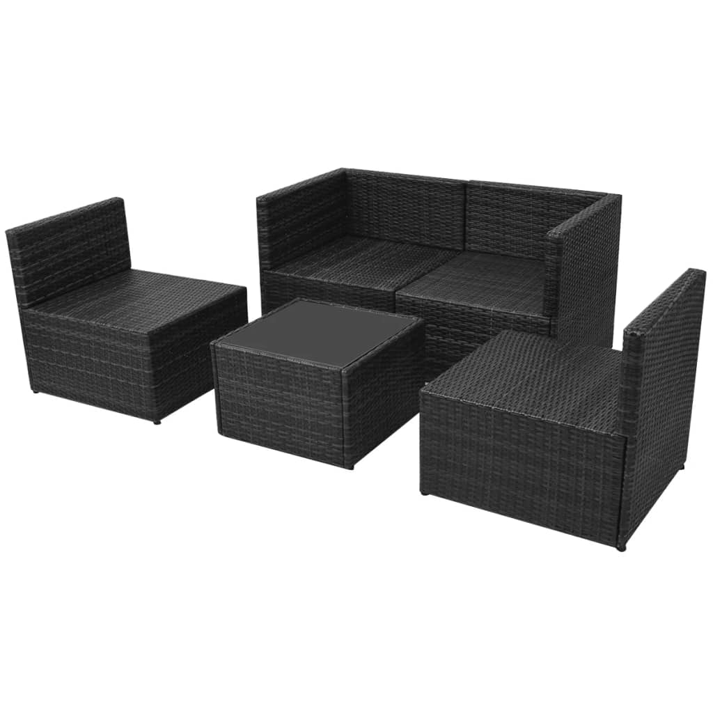 5-részes fekete polyrattan kerti bútorszett párnákkal
