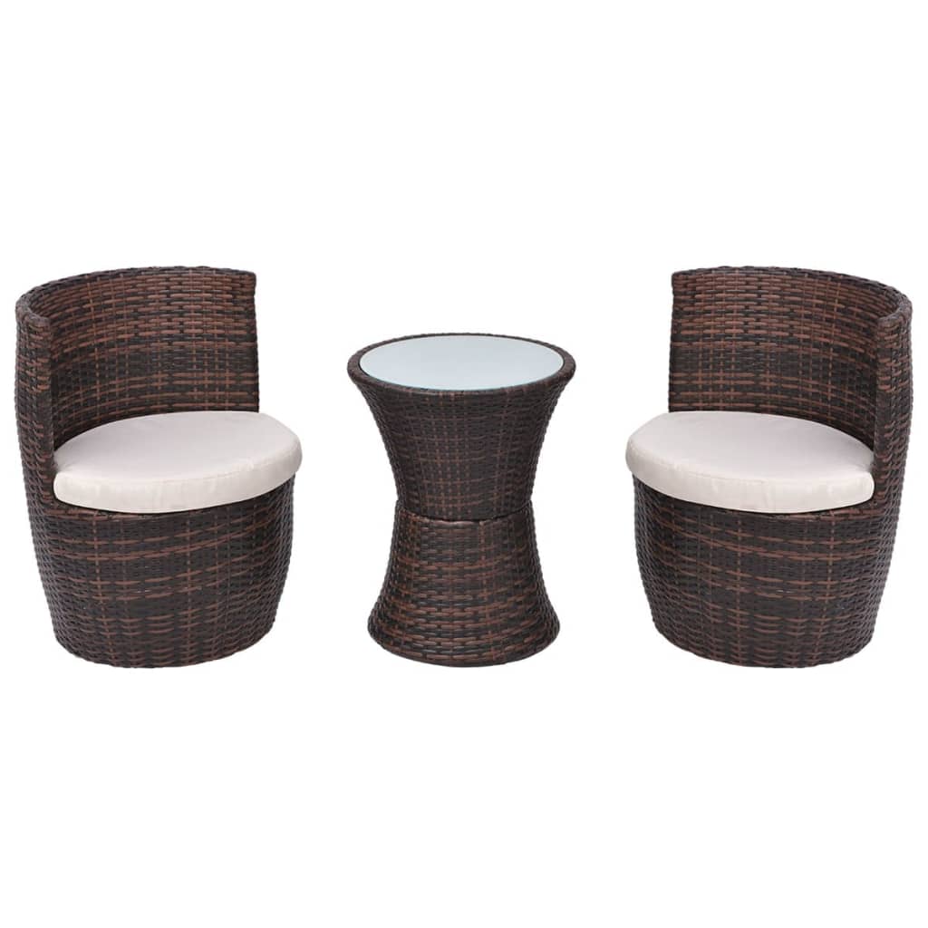 3 darabos barna polyrattan bisztrószett párnákkal