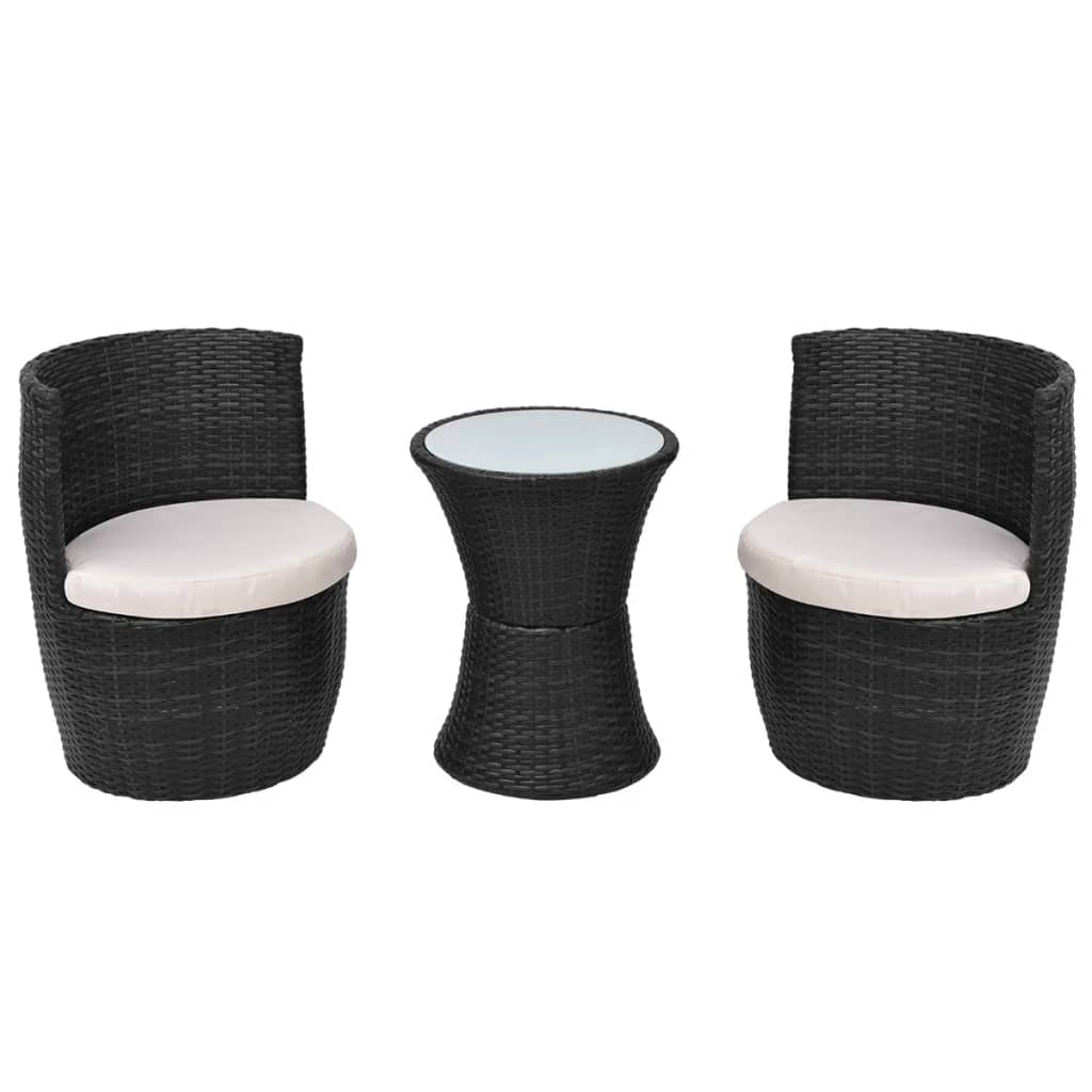 3 darabos fekete polyrattan bisztrószett párnákkal
